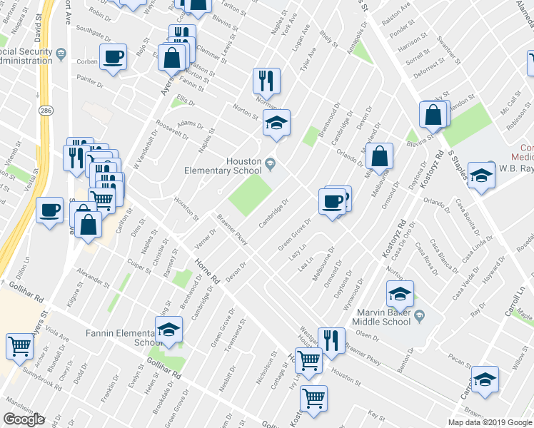 map of restaurants, bars, coffee shops, grocery stores, and more near 1605 Cambridge Drive in Corpus Christi