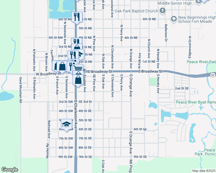 map of restaurants, bars, coffee shops, grocery stores, and more near 115 South Oak Avenue in Fort Meade
