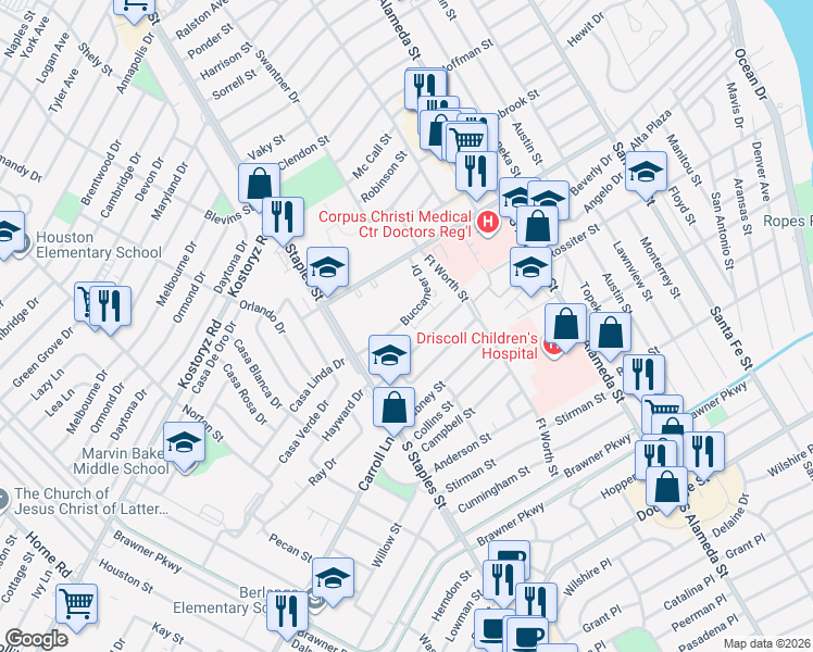 map of restaurants, bars, coffee shops, grocery stores, and more near 306 Buccaneer Drive in Corpus Christi