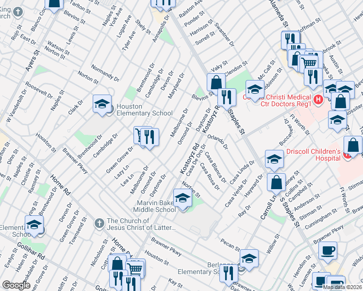 map of restaurants, bars, coffee shops, grocery stores, and more near 1438 Ormond Drive in Corpus Christi