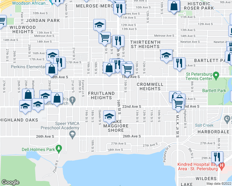 map of restaurants, bars, coffee shops, grocery stores, and more near 2001 16th Street South in Saint Petersburg