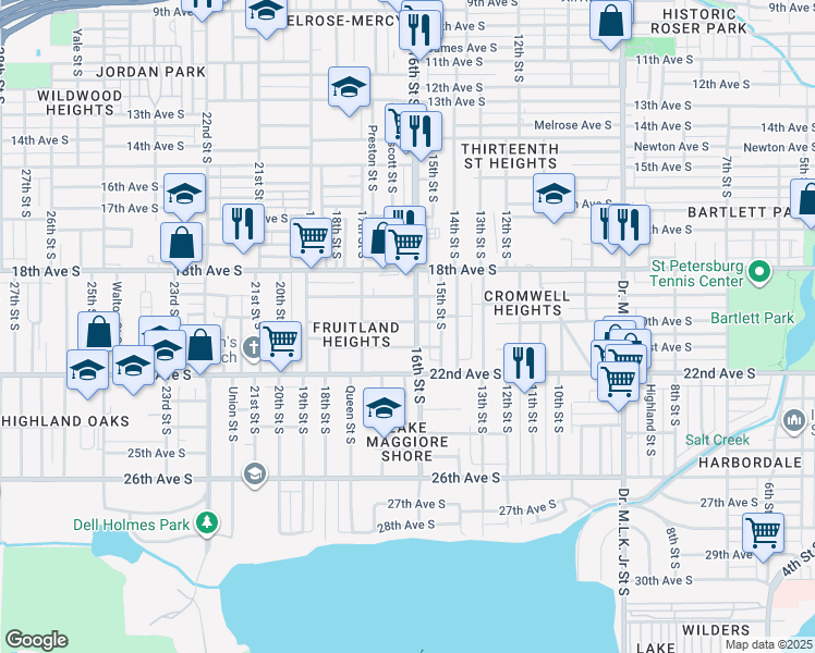 map of restaurants, bars, coffee shops, grocery stores, and more near 2010 16th Street South in St. Petersburg