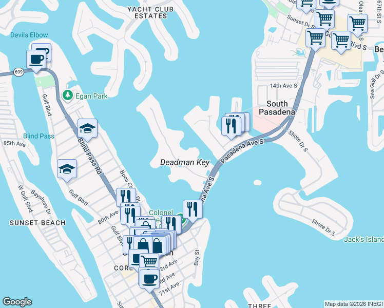 map of restaurants, bars, coffee shops, grocery stores, and more near 7907 Sailboat Key Boulevard South in South Pasadena