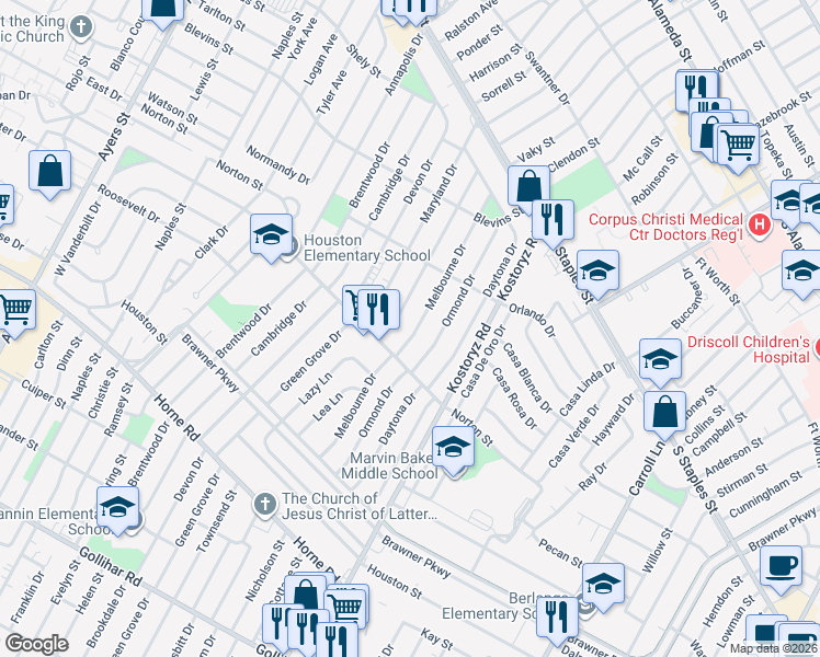 map of restaurants, bars, coffee shops, grocery stores, and more near 1451 Melbourne Drive in Corpus Christi