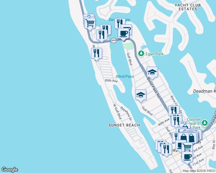 map of restaurants, bars, coffee shops, grocery stores, and more near 8541 West Gulf Boulevard in Treasure Island