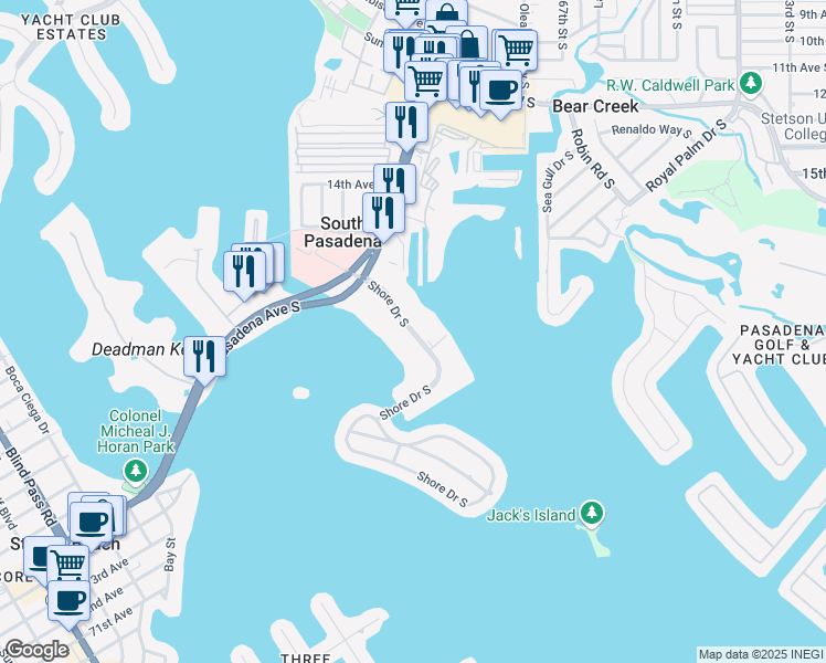 map of restaurants, bars, coffee shops, grocery stores, and more near 1846 Shore Drive South in South Pasadena