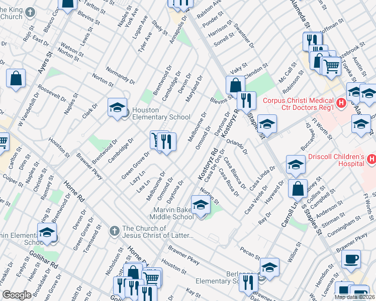 map of restaurants, bars, coffee shops, grocery stores, and more near 1451 Melbourne Drive in Corpus Christi