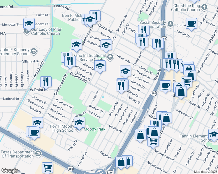 map of restaurants, bars, coffee shops, grocery stores, and more near 4410 Bernandino Street in Corpus Christi