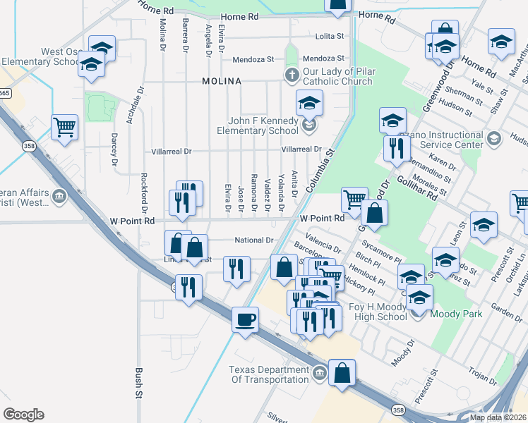 map of restaurants, bars, coffee shops, grocery stores, and more near 4646 Valdez Drive in Corpus Christi