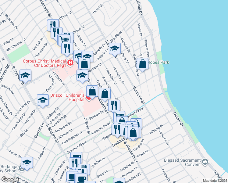 map of restaurants, bars, coffee shops, grocery stores, and more near 3538 Austin Street in Corpus Christi