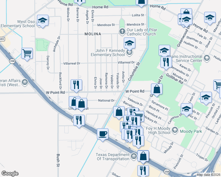 map of restaurants, bars, coffee shops, grocery stores, and more near 4646 Valdez Drive in Corpus Christi