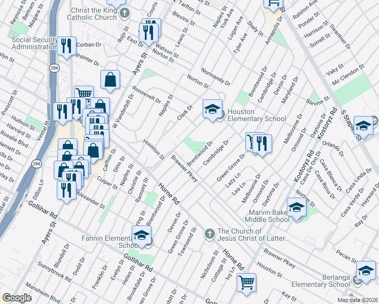 map of restaurants, bars, coffee shops, grocery stores, and more near 3902 Verner Circle in Corpus Christi