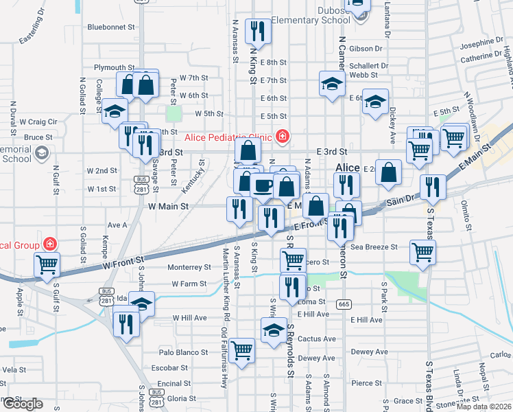 map of restaurants, bars, coffee shops, grocery stores, and more near 207 E Main St in Alice