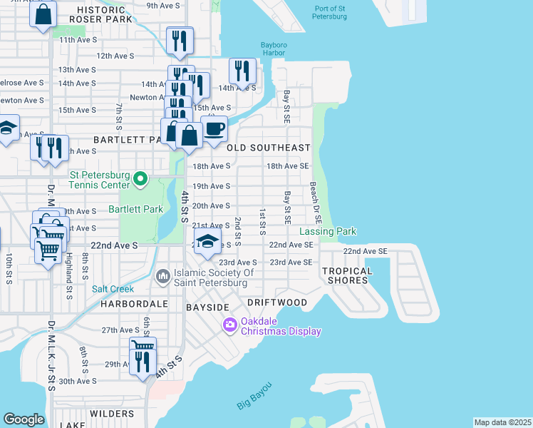 map of restaurants, bars, coffee shops, grocery stores, and more near 2004 1st Street South in St. Petersburg