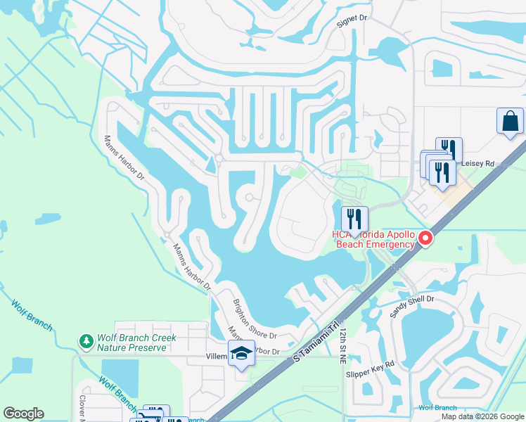 map of restaurants, bars, coffee shops, grocery stores, and more near 5421 Merritt Island Drive in Apollo Beach