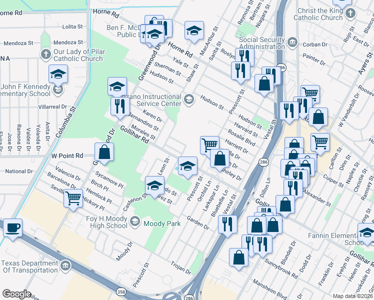 map of restaurants, bars, coffee shops, grocery stores, and more near 4410 Bernandino Street in Corpus Christi