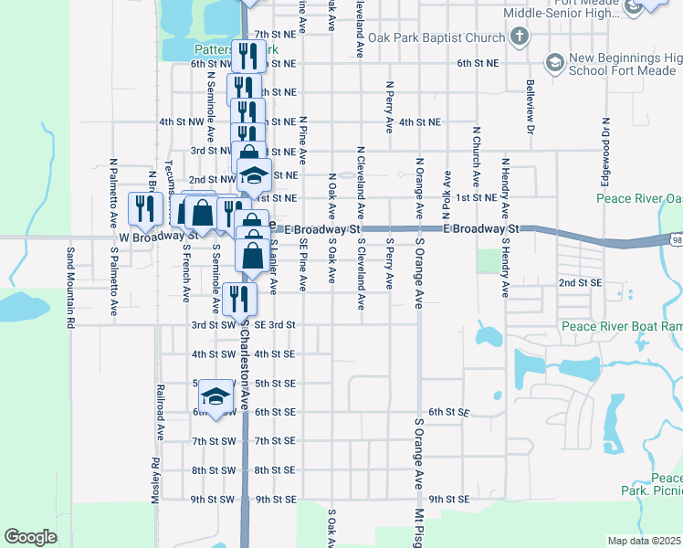 map of restaurants, bars, coffee shops, grocery stores, and more near 115 South Oak Avenue in Fort Meade