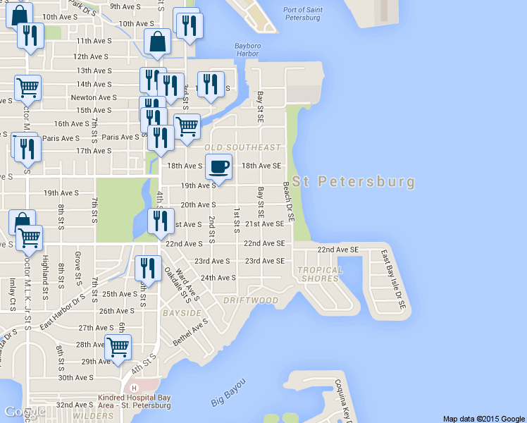 map of restaurants, bars, coffee shops, grocery stores, and more near 205 21st Avenue Southeast in St. Petersburg