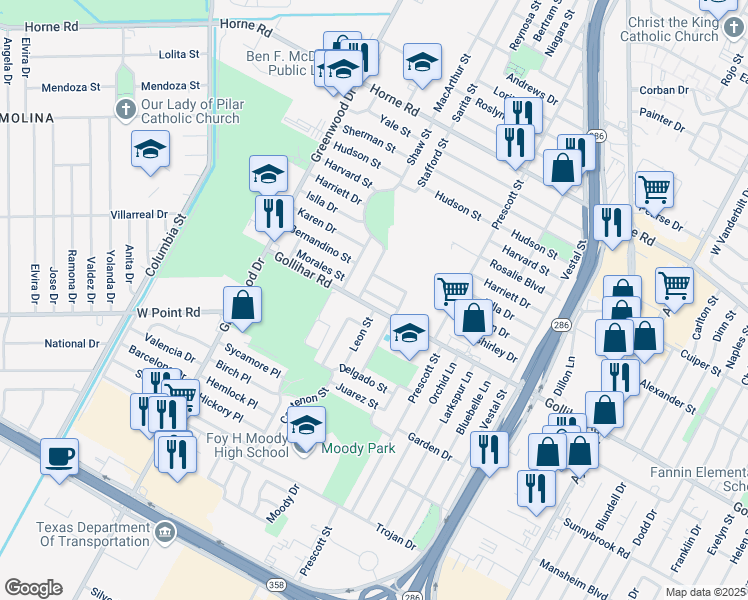 map of restaurants, bars, coffee shops, grocery stores, and more near 1813 Morales Street in Corpus Christi