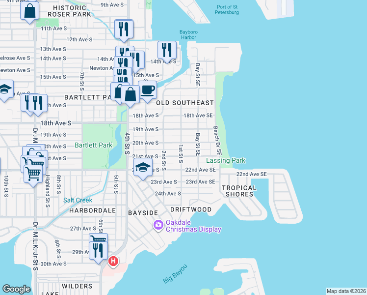 map of restaurants, bars, coffee shops, grocery stores, and more near 2004 1st Street South in St. Petersburg