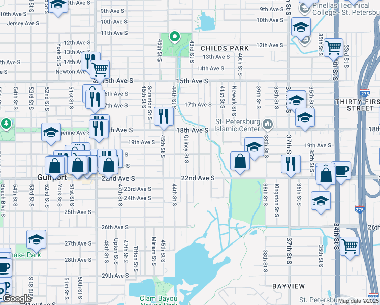 map of restaurants, bars, coffee shops, grocery stores, and more near 2010 Quincy Street South in St. Petersburg