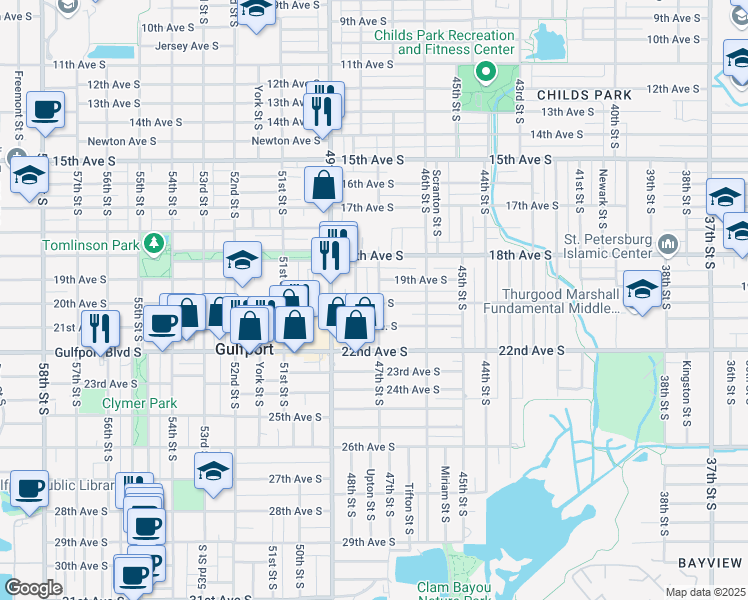 map of restaurants, bars, coffee shops, grocery stores, and more near 1947 47th Street South in St. Petersburg