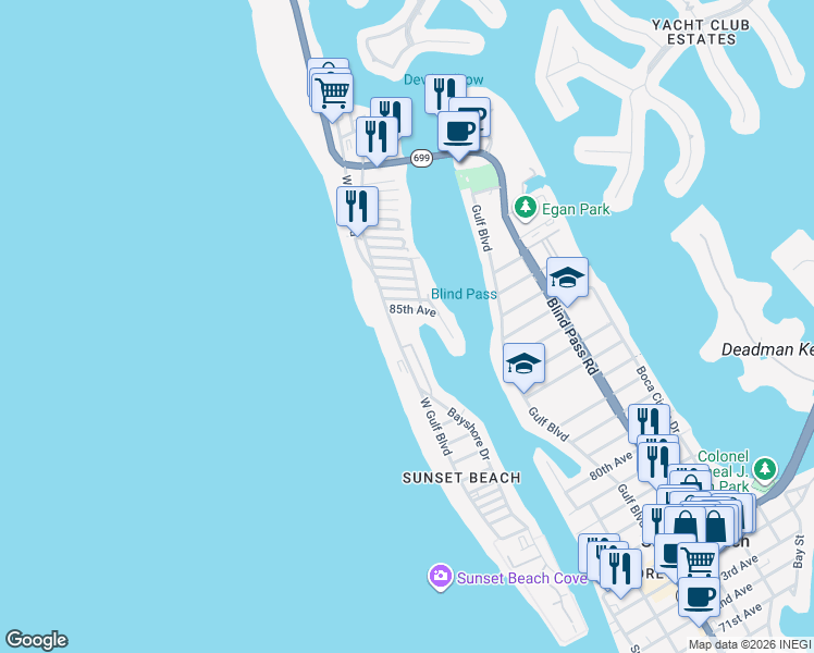 map of restaurants, bars, coffee shops, grocery stores, and more near 8550 West Gulf Boulevard in Treasure Island