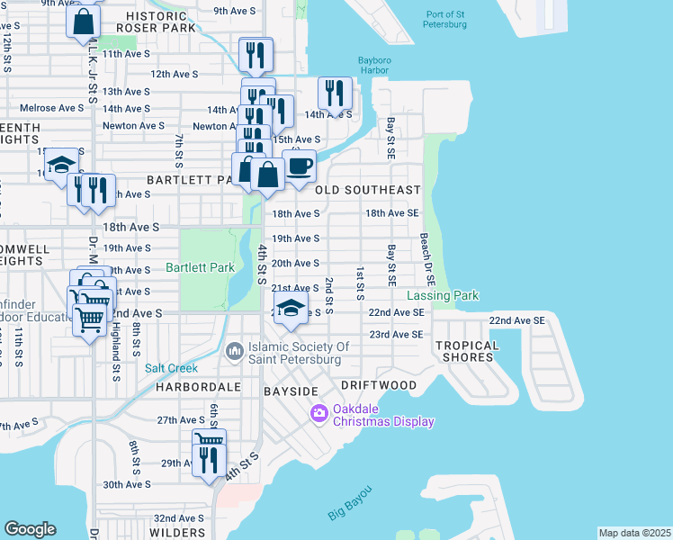 map of restaurants, bars, coffee shops, grocery stores, and more near 150 20th Avenue South in Saint Petersburg