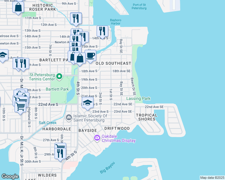 map of restaurants, bars, coffee shops, grocery stores, and more near 2004 1st Street South in St. Petersburg