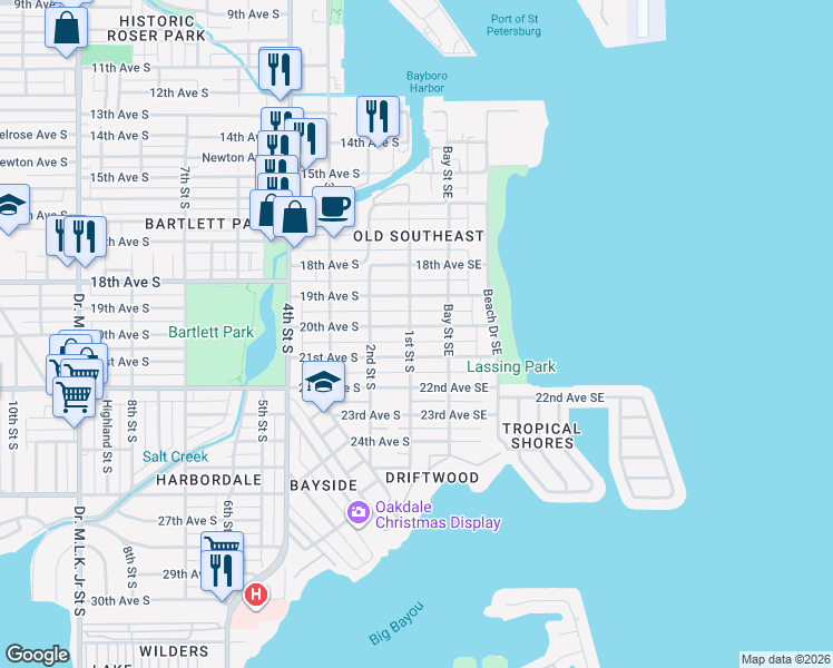 map of restaurants, bars, coffee shops, grocery stores, and more near 2004 1st Street South in St. Petersburg