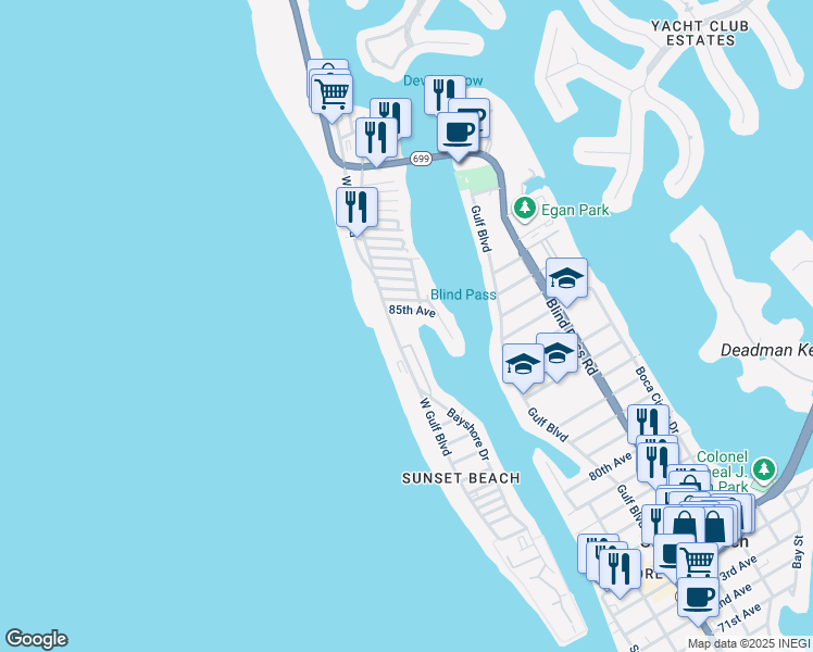 map of restaurants, bars, coffee shops, grocery stores, and more near 8550 West Gulf Boulevard in Treasure Island