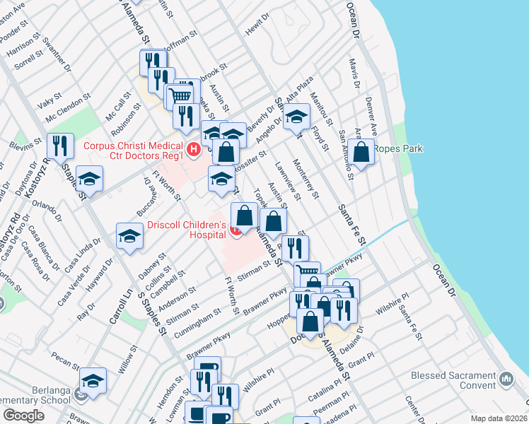 map of restaurants, bars, coffee shops, grocery stores, and more near 3517 Topeka Street in Corpus Christi