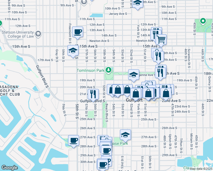 map of restaurants, bars, coffee shops, grocery stores, and more near 5410 20th Avenue South in Gulfport
