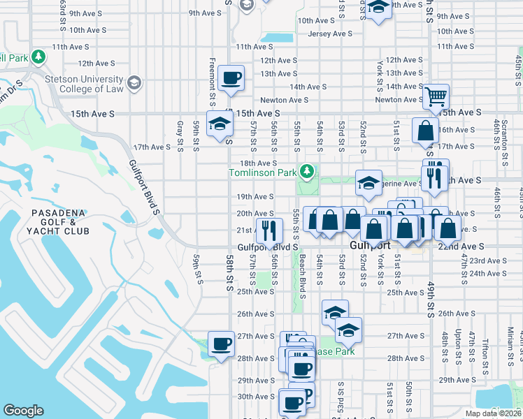map of restaurants, bars, coffee shops, grocery stores, and more near 5610 20th Avenue South in Gulfport