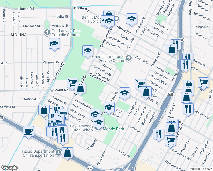 map of restaurants, bars, coffee shops, grocery stores, and more near 1757 Gollihar Road in Corpus Christi