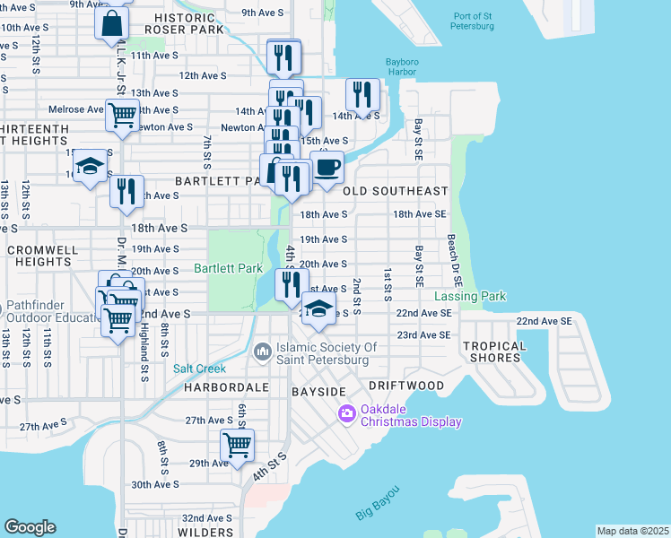 map of restaurants, bars, coffee shops, grocery stores, and more near 253 21st Avenue Southeast in St. Petersburg