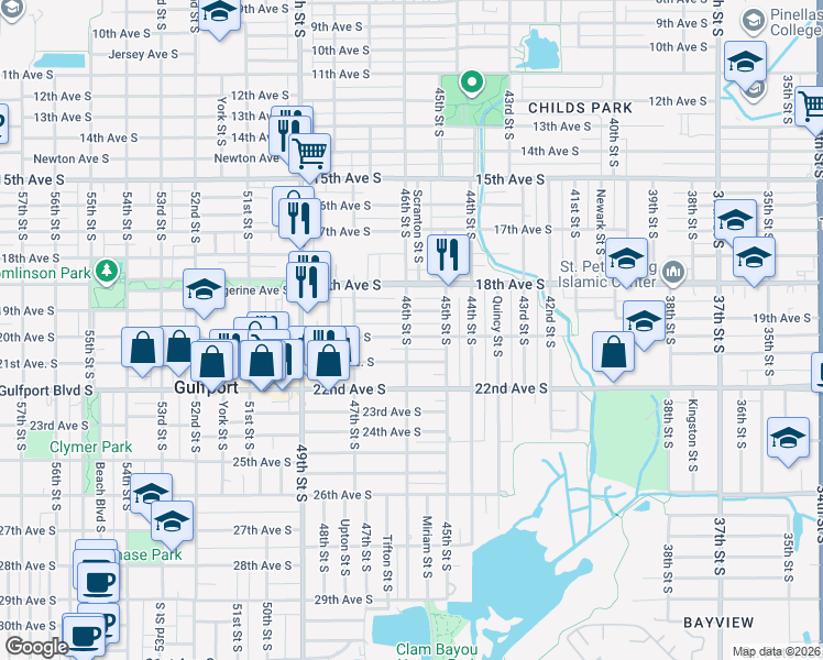 map of restaurants, bars, coffee shops, grocery stores, and more near 4575 20th Avenue South in St. Petersburg