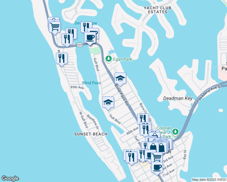 map of restaurants, bars, coffee shops, grocery stores, and more near in St. Pete Beach