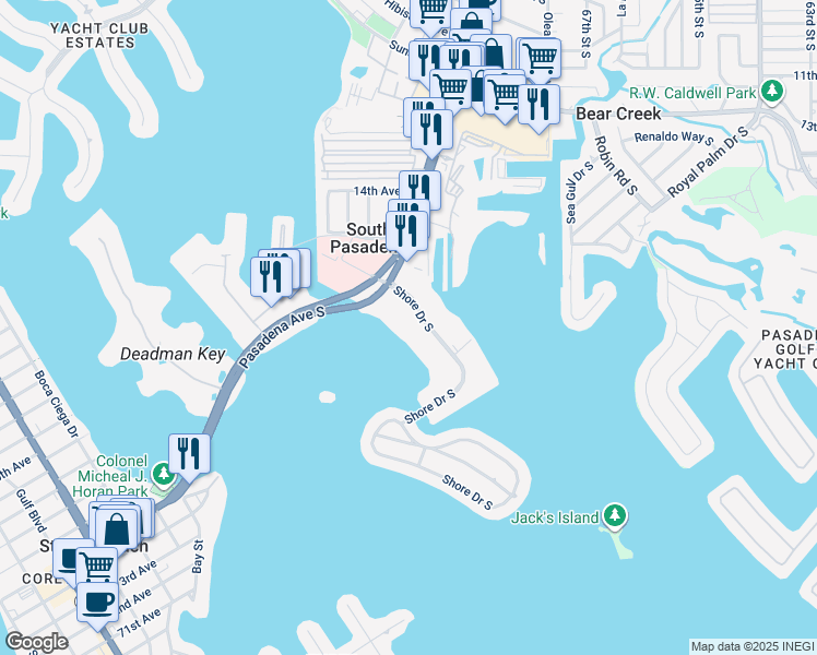 map of restaurants, bars, coffee shops, grocery stores, and more near 1834 Shore Drive South in South Pasadena