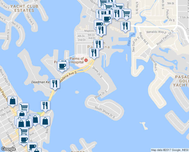 map of restaurants, bars, coffee shops, grocery stores, and more near 1834 Shore Drive South in South Pasadena