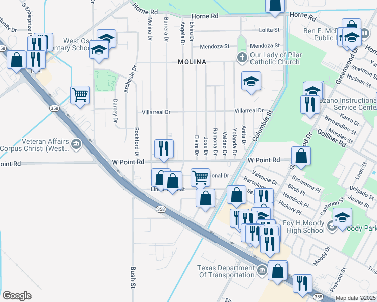 map of restaurants, bars, coffee shops, grocery stores, and more near 854 West Point Road in Corpus Christi