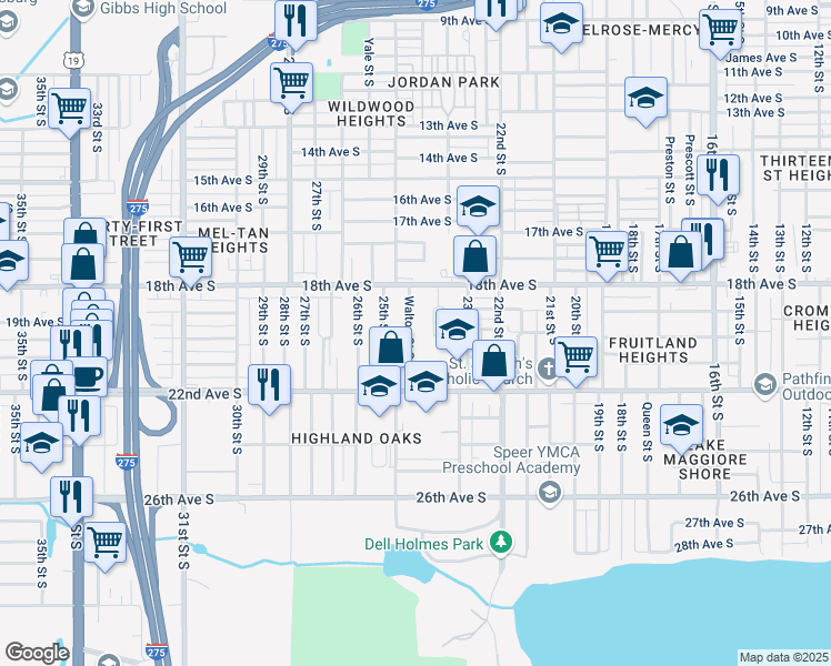 map of restaurants, bars, coffee shops, grocery stores, and more near 1936 Walton Street South in St. Petersburg