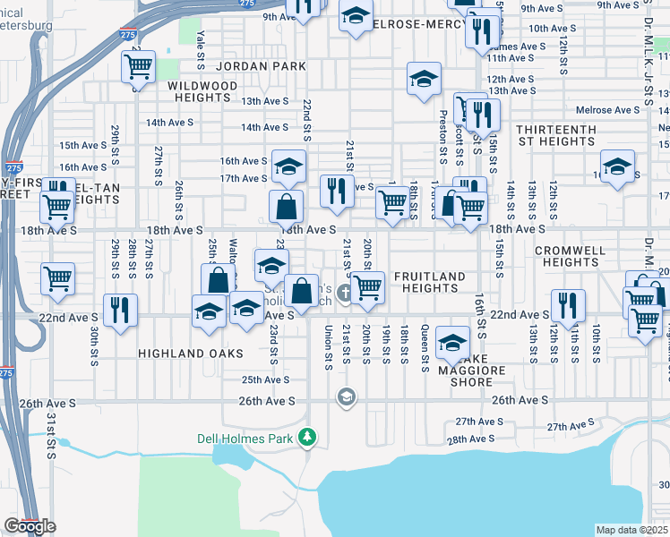 map of restaurants, bars, coffee shops, grocery stores, and more near Upton Court South in St. Petersburg