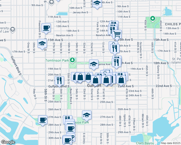 map of restaurants, bars, coffee shops, grocery stores, and more near 5202 20th Avenue South in Gulfport