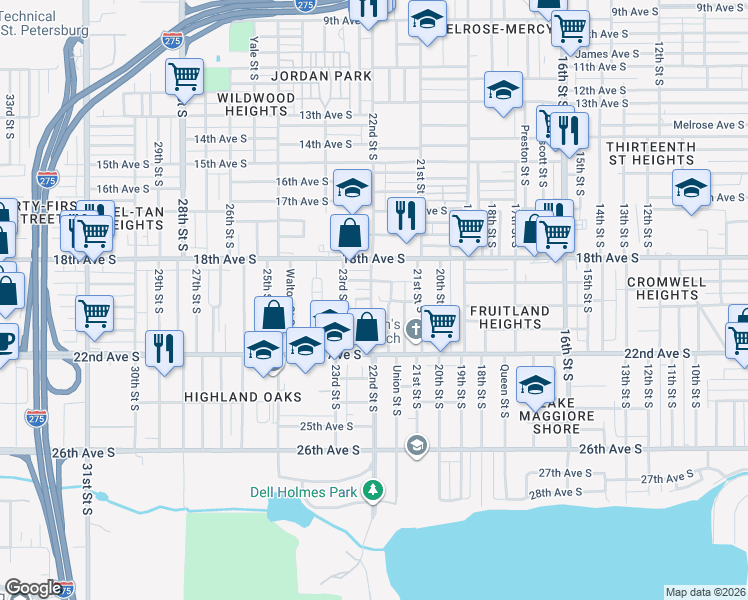 map of restaurants, bars, coffee shops, grocery stores, and more near 2000 22nd Street South in Saint Petersburg
