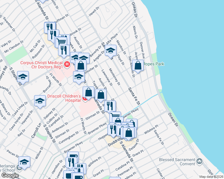 map of restaurants, bars, coffee shops, grocery stores, and more near 3538 Austin Street in Corpus Christi