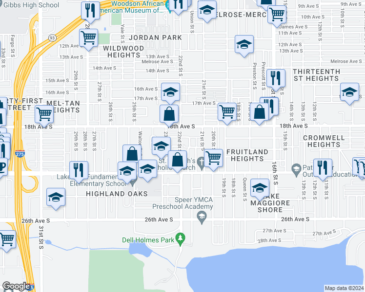 map of restaurants, bars, coffee shops, grocery stores, and more near 2219 21st Avenue South in St. Petersburg
