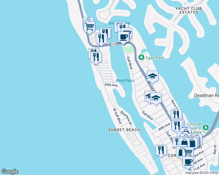 map of restaurants, bars, coffee shops, grocery stores, and more near 8550 West Gulf Boulevard in Treasure Island
