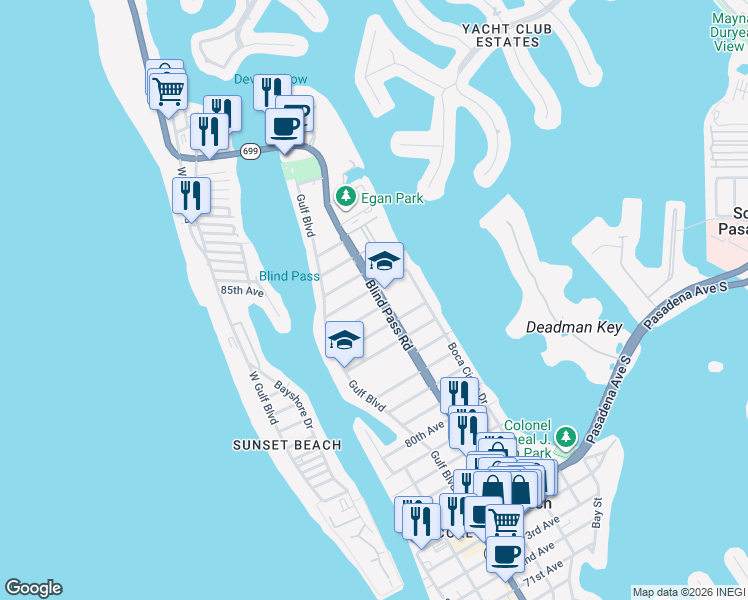 map of restaurants, bars, coffee shops, grocery stores, and more near 421 86th Avenue in St. Pete Beach