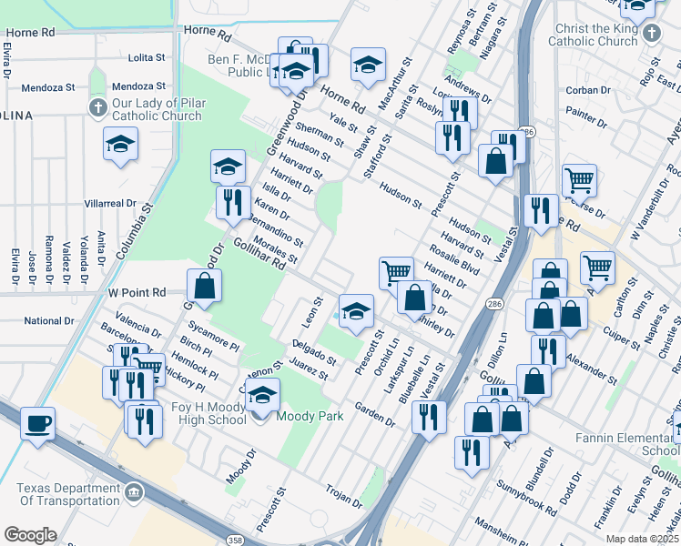 map of restaurants, bars, coffee shops, grocery stores, and more near 1813 Morales Street in Corpus Christi